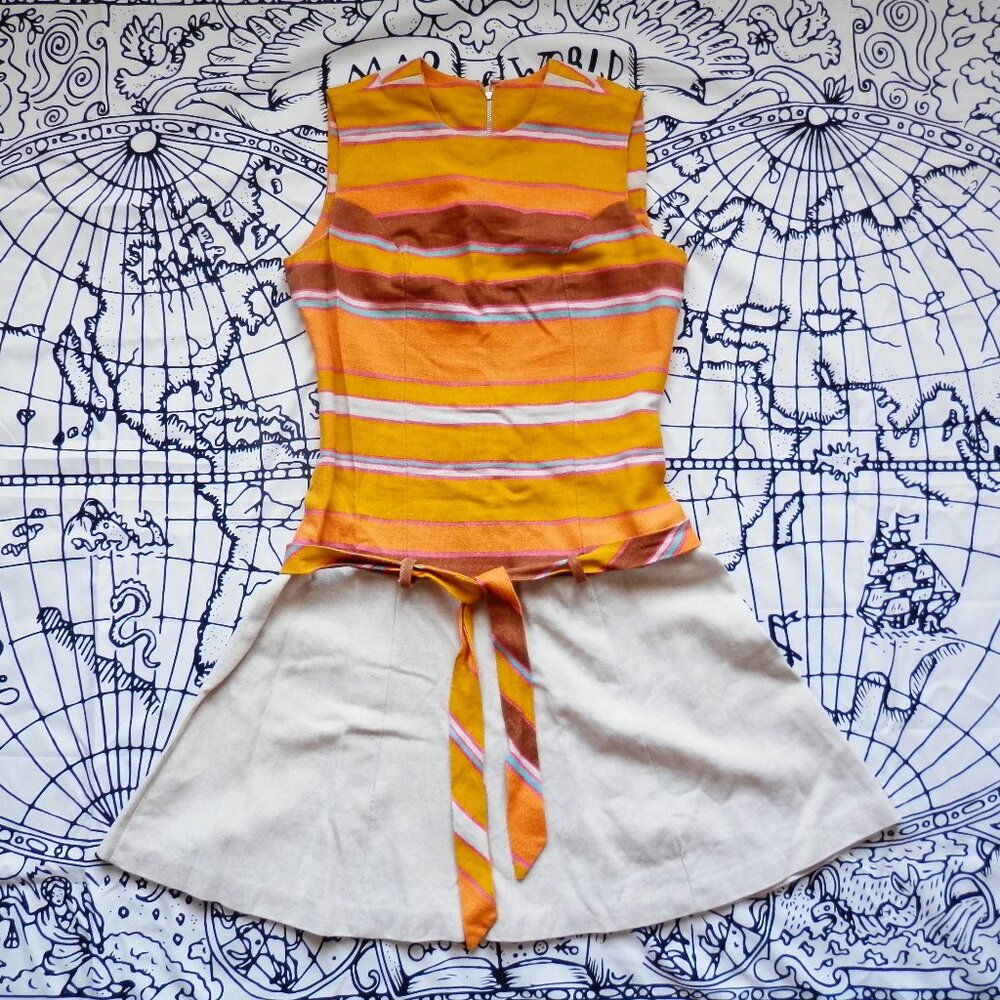 Vintage 1970s ILGWU Union Made Stripe Belted Dress